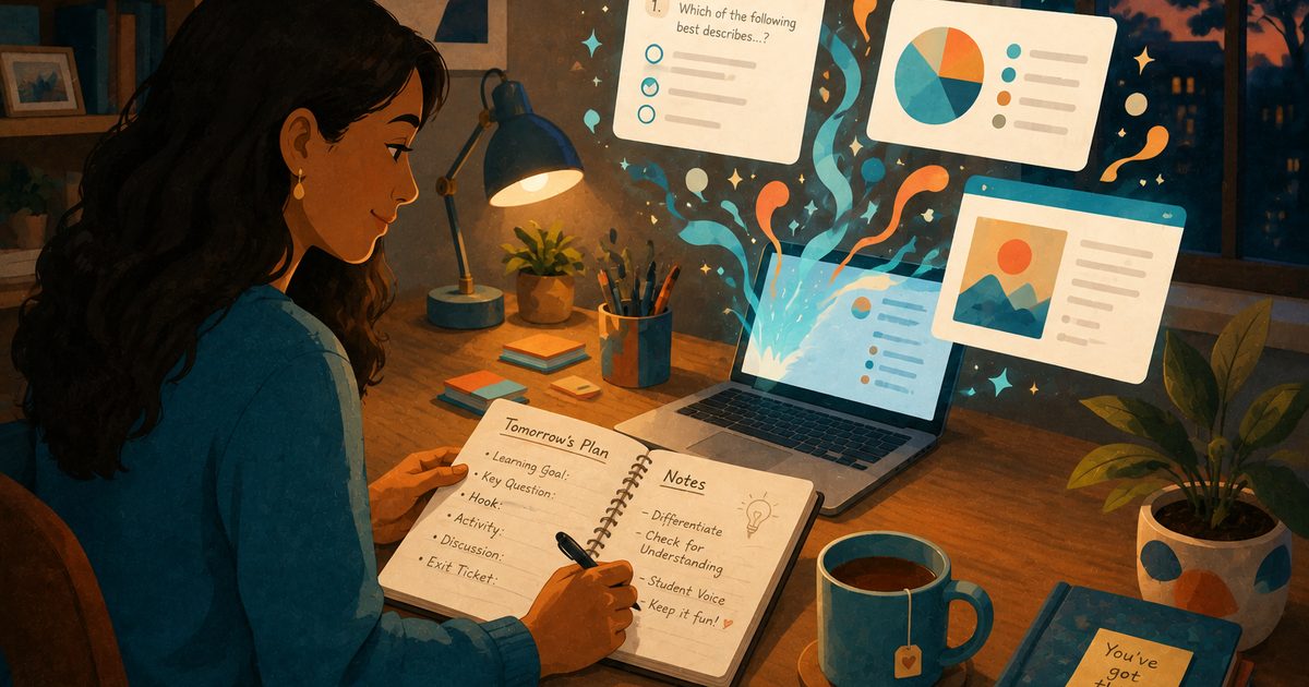 A teacher using AI on a laptop to plan an interactive lesson