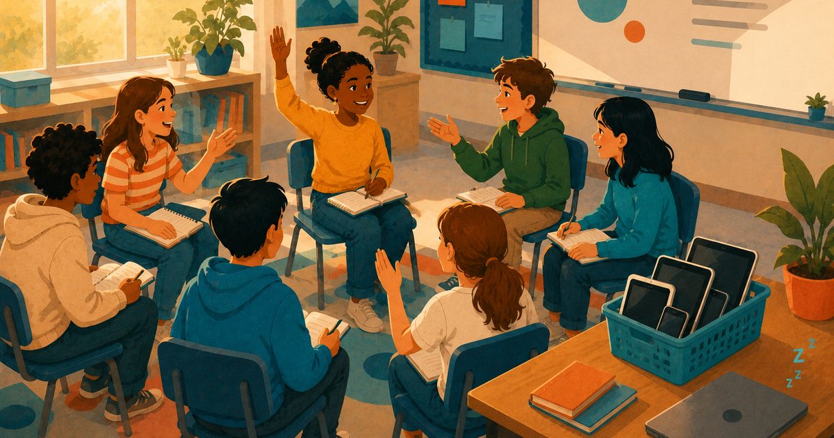Students engaged in a screen-free classroom discussion with devices set aside